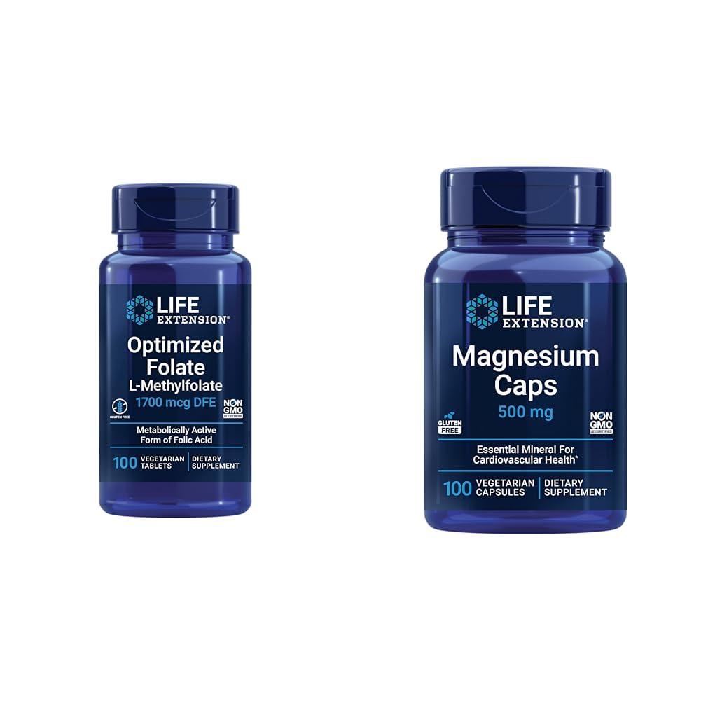 Life Extension Brain & Heart Health Folate ו- Magnesium תוסף Bundle, 100 טבליות ו-100 קפסולות
