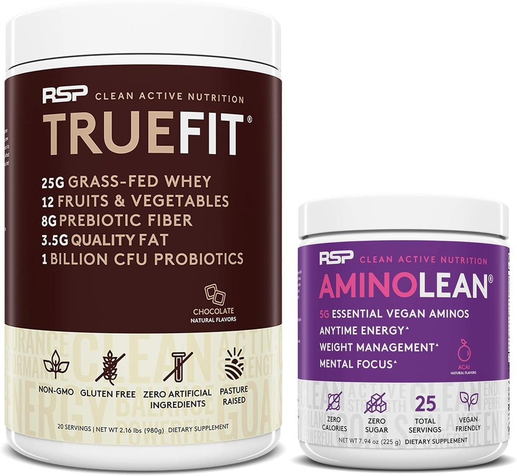 RSP NUTRITION טבעוני AminoLean Pre Workout אנרגיה (Acai 25 משרתים) עם אבקת חלבון TrueFit (Choate 2 LB)