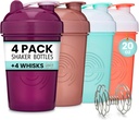 GoMOYO 4Pack - 20 Ounce Shaker Bottle, חלבון Shaker Wire Whisk x4, Bulk חלבונים Drink and Pre-Workout Shaker Cups, Dishwasher Safe & BPA חינם