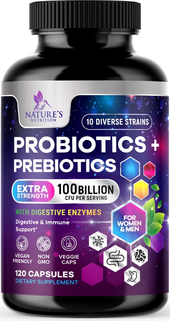 Probiotics 100 מיליארד CFU Per משרת - 10 Premium Strains + Prebiotics - Best Probiotic תוסף for Women & Men - תומך Immune, Digestive Health, Occasional Constipation & Gas - 120 קפסולות