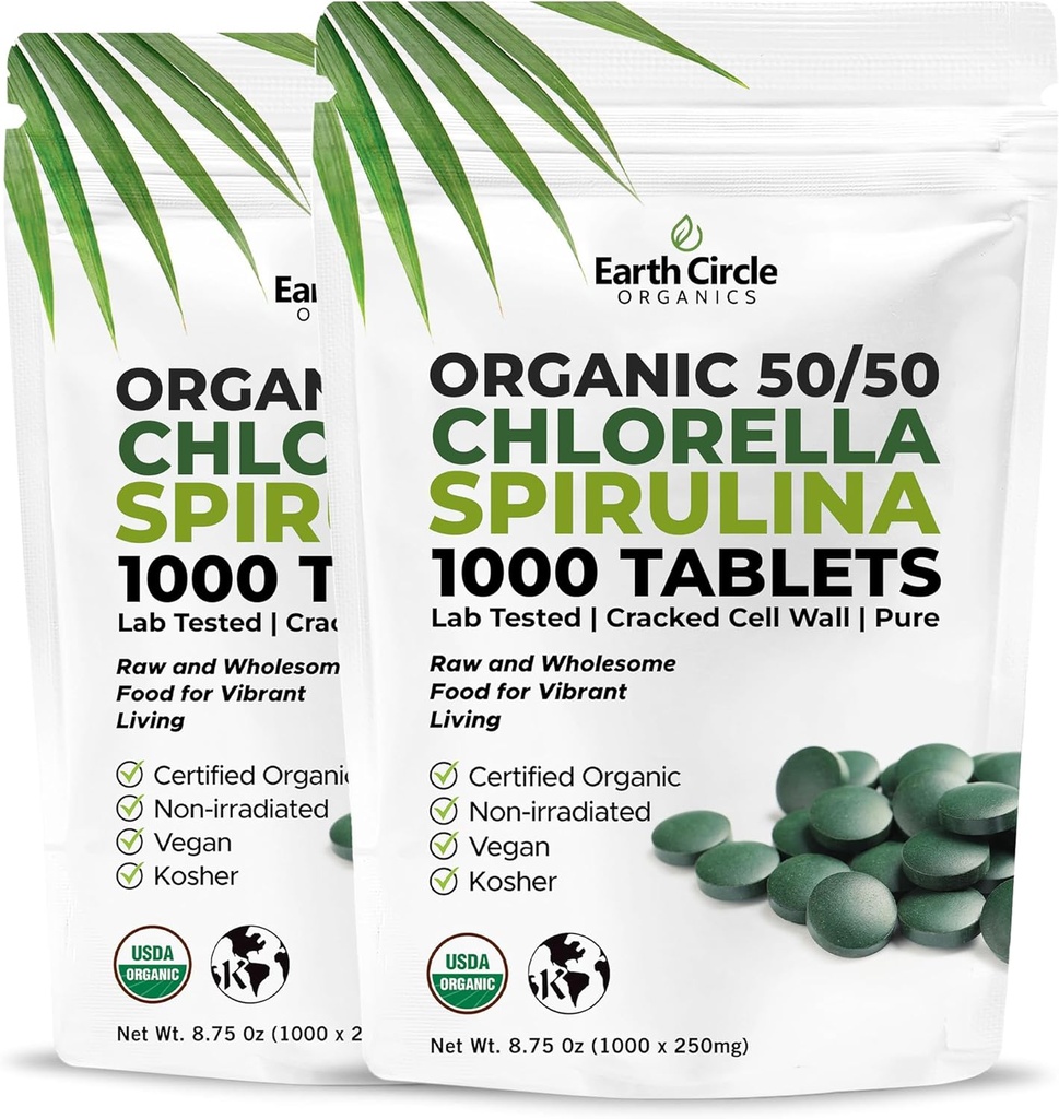 Premium אורגני CHLOR /SPIRULINA 1000 טבליות (50 /50) כשר, טבעוני - ירוק Algae Superfood, racked Cell Wall, Chlorophyll, גבוה בחלבון & ברזל, לא תוספים, או מלא 8.75 Oz (2 Pack)