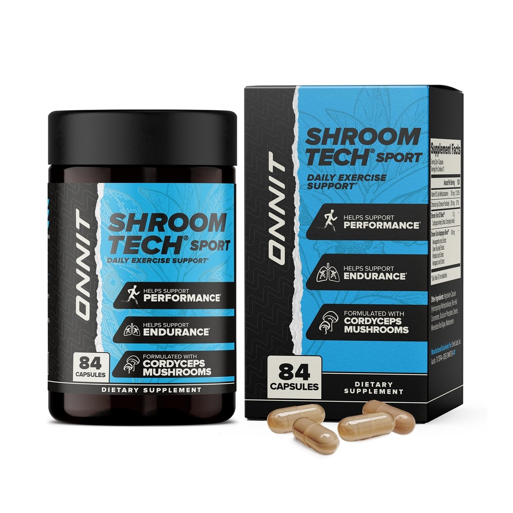 על OnNIT Shroom Tech Sport Daily Exercise קפסולות, תוסף Pre Workout עם Cordyceps Mushrooms, Caffeine-Free Dietary for Daily Energy Support, 84 Count