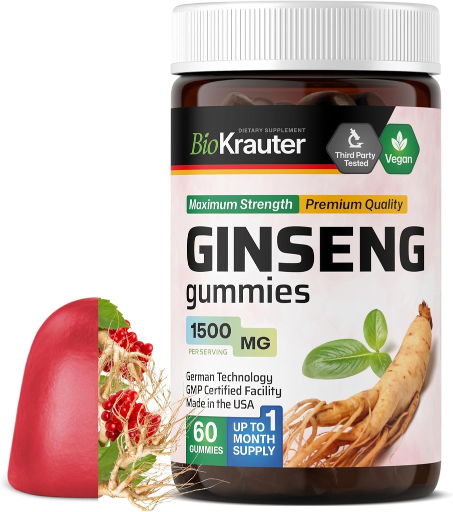 BIO KRAUTER Panax גינזנג חניכיים - 1500 מ"ג כוח - 60 Count - Chewable Red גינזנג תוספת - Immune Support Gummies - טבעוני, Pectin-מבוסס, non-GMO