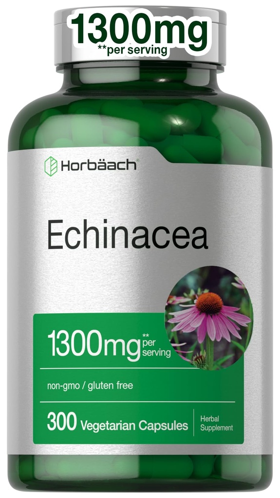 Horbäach Echinacea לחלץ קפסולות 1300 מ"ג | 300 Count | טבעוני, non-GMO, Gluten Free Supplement