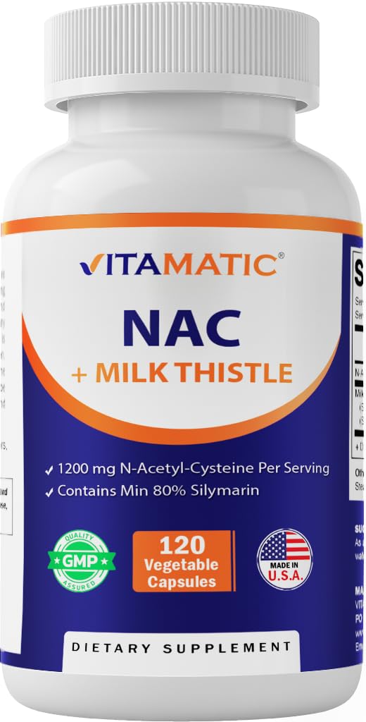 Vitamatic NAC תוספת N-Acetyl-L-Cysteine (NAC) עם חלב Thistle 50:1 Extract - תמיכה Immune, Respiratory, Liver Health, 1200 מ"ג לכל משרת, 120 קפסולות Veg