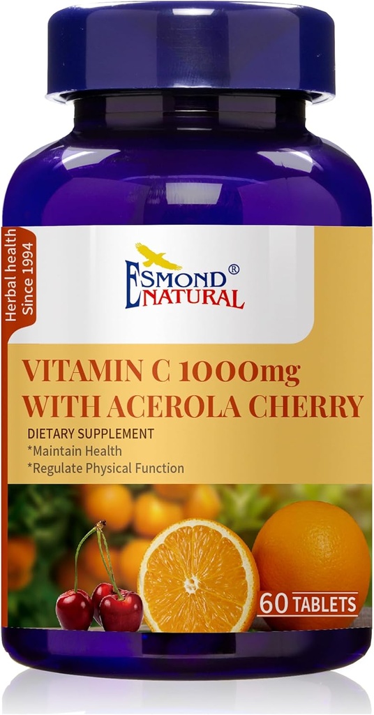 Vitamin C 1000mg with Acerola Cherry (Supports Immune System, Energy Levels, Skin Vitality), GMP, Natural Product Assn Certified, Made in USA - 1000mg, 60 Tablets