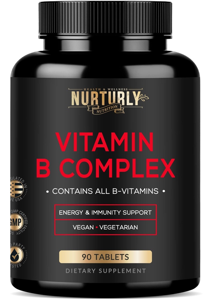 ויטמין B Complex - מכיל את כל ויטמין B Essentials - B1, B2, B3, B5, B6, B7, B9, B12 ו- Biotin - Super B Complex ויטמינים לאנרגיה, חסינות ו- Mood Support - 90 טבליות