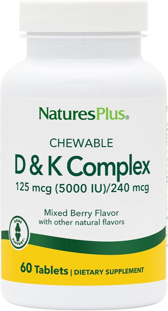 Natures Plus D & K Complex - 60 מעורבים ברי צ'וables - תמיכה Calcium Metabolism - Vegetarian, non-GMO, Gluten Free, Soy Free - 60 משרתים
