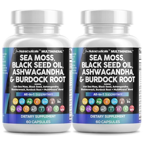 ניקוי Nutraceuticals Sea Mosss Black Seed Oil Ashwagandha Turmeric Bladderwrack Burdock & ויטמין C D3 עם Elderberry Manuka Dandelion Yellow Dock Iodine Chlorophyll ACV - 2Pack