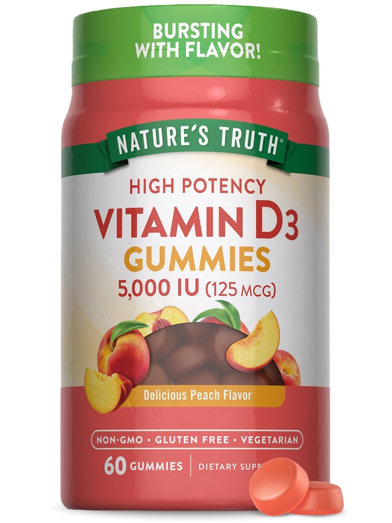 האמת של הטבע ויטמין D3 חניכיים | 5000 IU | 60 Count | Peach Flavor | Vegetarian, non-GMO & Gluten Free Supplement