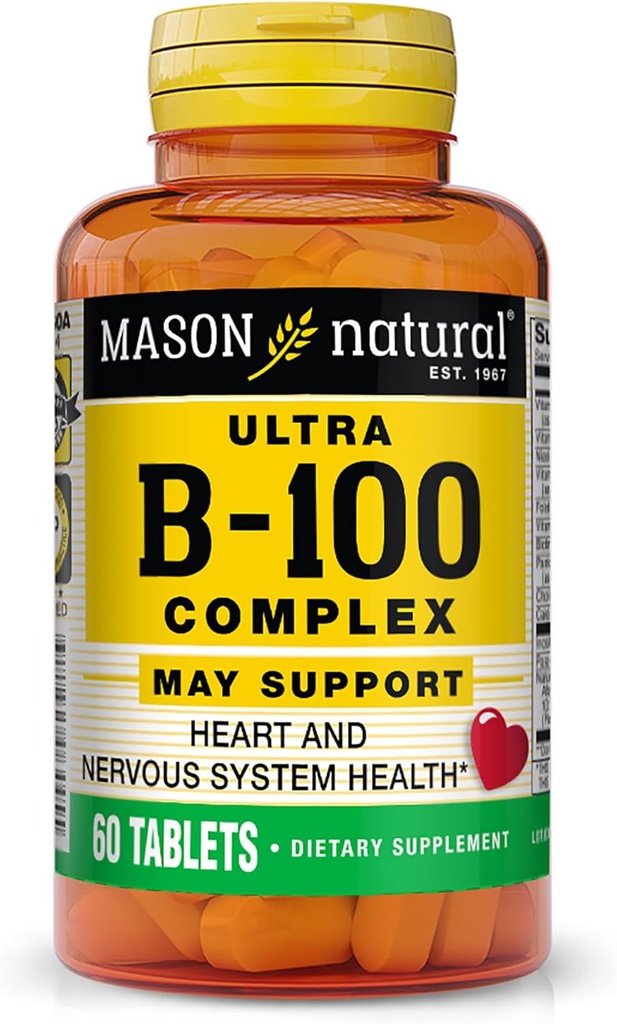 MASON NATURAL Ultra B-100 מורכב - מערכת לב בריאה ו Nervous, משפר את תפקוד Immune ומטבוליזם אנרגיה, 60 טבליות