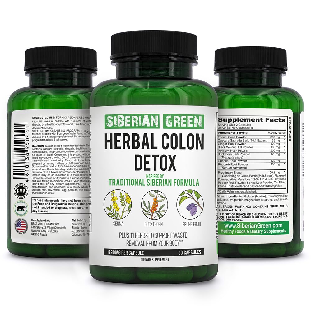 המושבה הירוקה סיבירית Detox עם Senna Buckthorn פירות 90 קפסולות - פורמולה סיבירית מסורתית 14 Herbs & Probiotic לנקות את הקולון ואת הגוף Detox