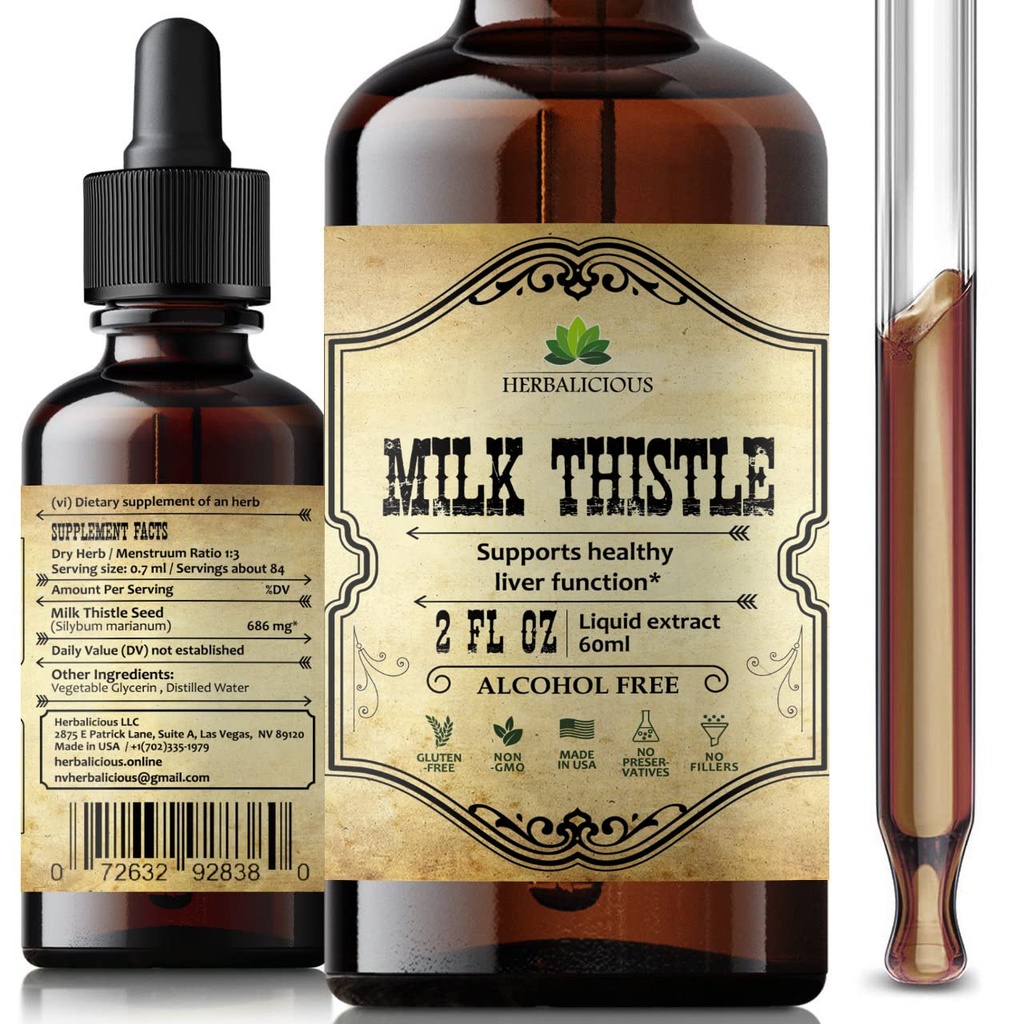 HerBALICIOUS Milk Thistle Extractse - All-Natural Cleanse ו- Detox תוספת לתמיכה Liver, Immune System Boost and Skin Health - Silymarin Nutritional Supplement - 2 Oz