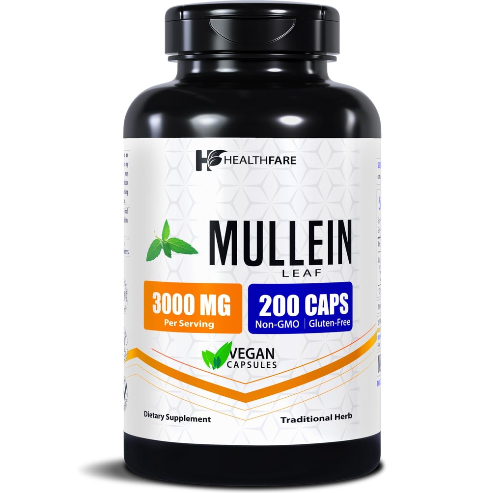 Healthfare Mullein Leaf לחלץ 3000 מ"ג | 200 קפסולות טבעוניות | תוספת חיזוק התוסף צמחי | תמיכה ב-Vil & Balance | Non-GMO, Gluten-Free | Made in USA