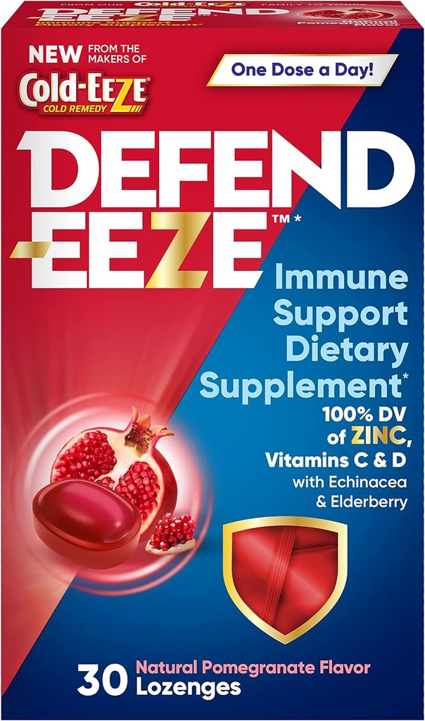 Defend-EEZE Immune Support Dietary Supplement Lozenges, 100% ערך יומי של Zinc, ויטמינים C & D עבור Dose, עם Echinacea & Elderberry, Pomegranate Flavor, 30 Lozenges