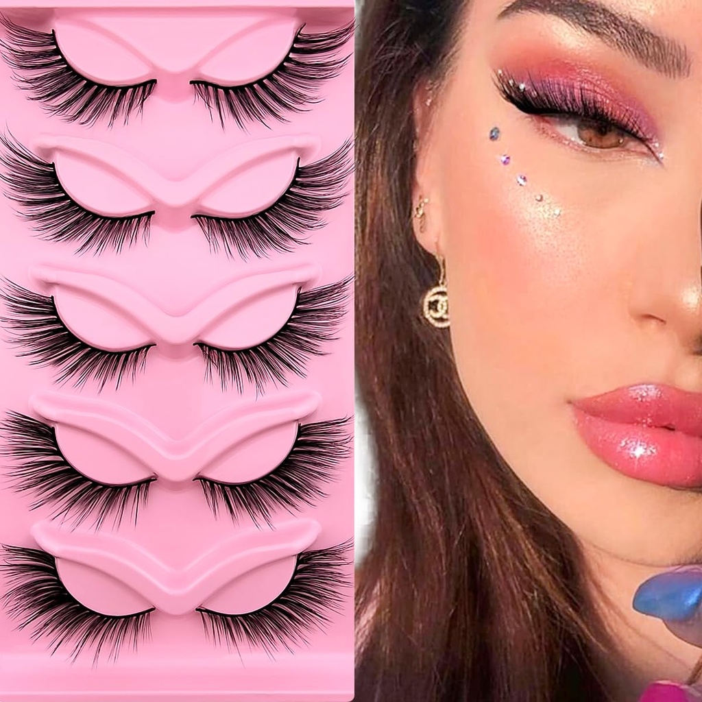 Fox Eye Lashes Wispy Eyelashes 19mm Long Cat Eye Angel Wing Lashes Faux Mink False Eyelashes מראה טבעי 5 Pairs Pack (XF06)
