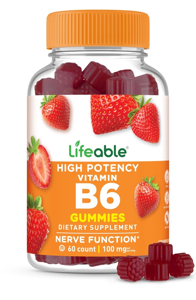 ויטמין B6 חניכיים | 100 מ"ג | תוספי VIT B6 | ויטמין B6 טבעוני ויטמין B6 עבור ויטמין תמיכה עצבית | B 6 למבוגרים, גברים, נשים | 60 חניכיים