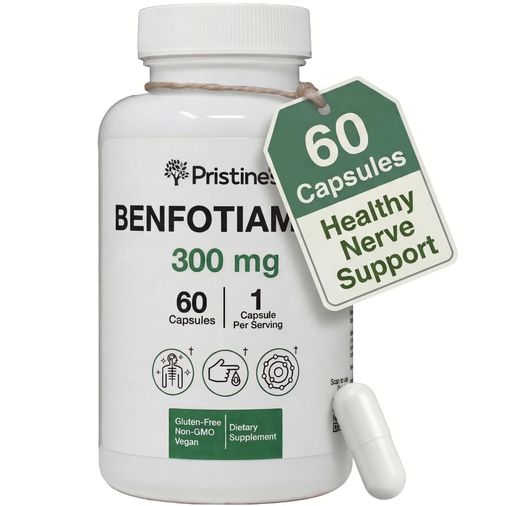 PRISTINE'S Benfotiamine 300mg High Bioavailability תוספת תמיכה - 60 יום אספקה - שומן Soluble ויטמין B1 תוספי מזון - טבעוני - Non-GMO