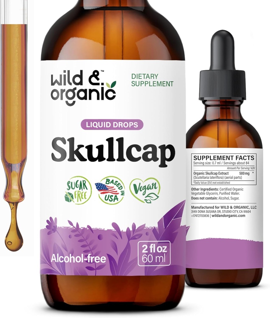 Wild & אורגני Skullcap Tincture - להירגע, Good Mood, Calmness - נוזל Skullcap Herb תוסף - טבעוני, סוכר ואלכוהול חינם טיפות - 2 fl oz