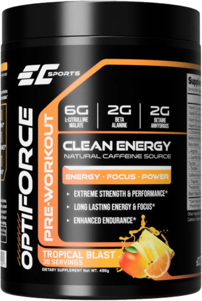 EC Sports OptiForce Pre-Workout Tropical Blast אבקה - אנרגיה נקייה טבעית וקפאין טבעי W/Long-Lasting Endurance and Focus - 30 משרתים