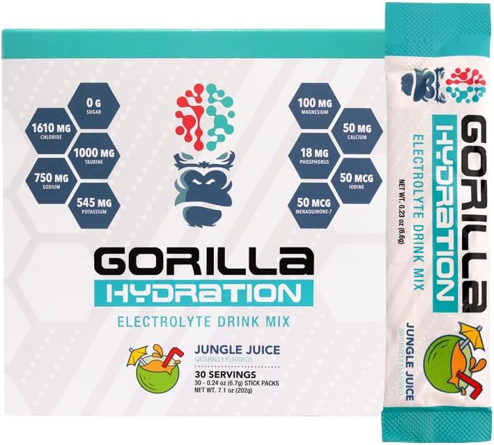 Gorilla Mind hydrotion Packets - 3,073 מ"ג אלקטרוליטים על המשקה Go Convenient Mix for מקיפה Relenishment - Zero Sugar, Sweeteneded & Fasting Friendly - 30 Count (Jungle Juice)