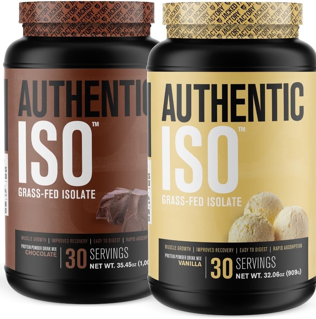 מפעל ג'ק Authentic ISO Grass פד Whey חלבון אבקת Isolate - Low Carb, non-GMO שריר בניית חלבון w / No Fillers (Chocolate, 30sv) & (Vanilla, 30sv)