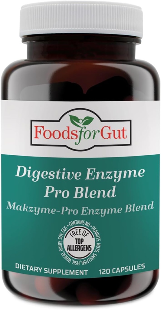 מזונות ל- Gut Digestive Enzyme Makzyme-Pro Band & Probiotics Plus | 120 קפסולות צמחוניות | Free of Top Allergens | תמיכה בבריאות העיכול | Bloating & Gas Relief