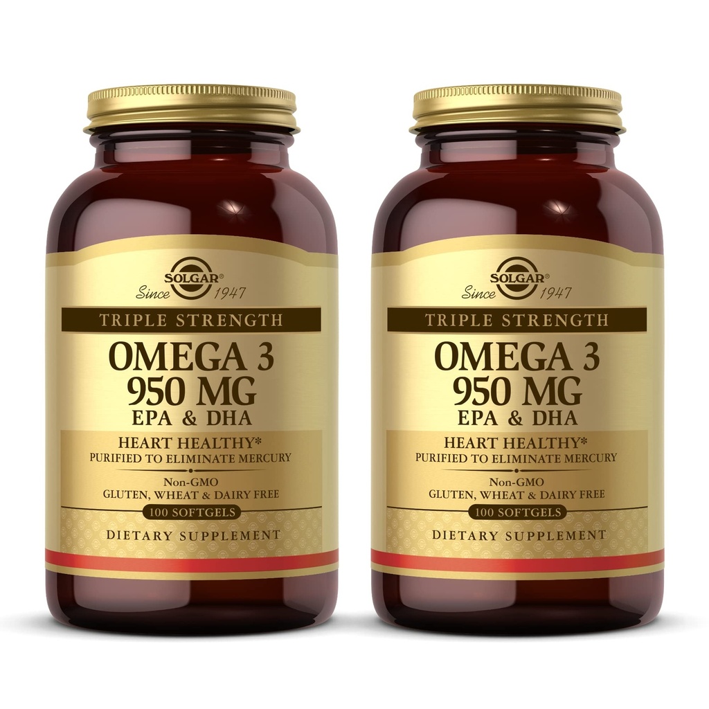Solgar Triple Power אומגה 3 950 מ"ג - 100 Softgels, Pack of 2 - תומך Joint & Skin Health - non-GMO, Gluten Free, Milk Free - 200 שרתי Total