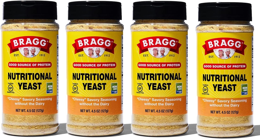 Bragg Nutritional Yeast Seasoning - טבעוני, Gluten Free Cheese Flakes - מקור טוב של חלבונים ווויטמינים - חומצות Savtious Savory Parmesan substitute - non GMO מאומת, 4.5 אוונס, 4Pack