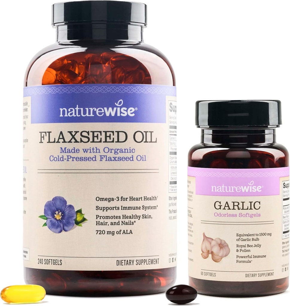 NatureWise Organic Flaxseed Oil Max 720 מ"ג ALA | שמן תפוחי אדמה גבוה אומגה 3 Garlic Odorless Softgels 1500 מ"ג תמיכה בשיניים & Immune System Health