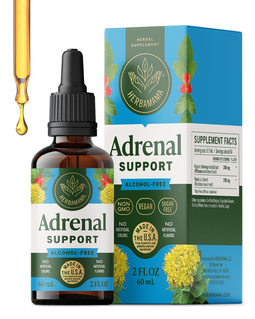 HerBAMAMA Adrenal Support Drops - טבעוני Adrenal Tincture עם Ashwagandha Root & Rhodiola Rosea לחלץ - non-GMO, אלכוהול & סוכר חינם תוספת - 28 ימים אספקה