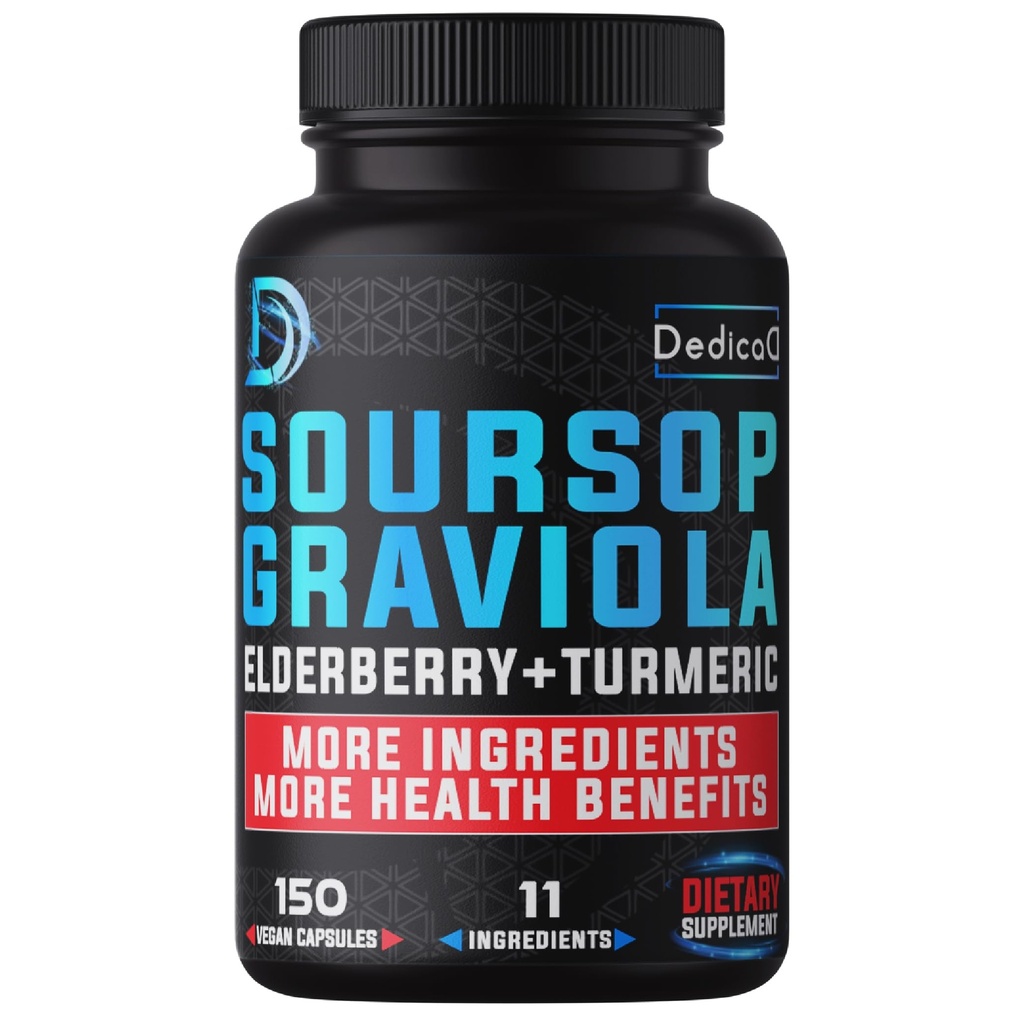 11in1 Graviola Soursop קפסולות במשך 5 חודשים אספקה עם פירות Soursop, Elderberry, Turmeric, ג'ינג'ר, Milk Thistle, Cranberry & More - Mood, Immune & Body Health - 150 קפסולות טבעוניות