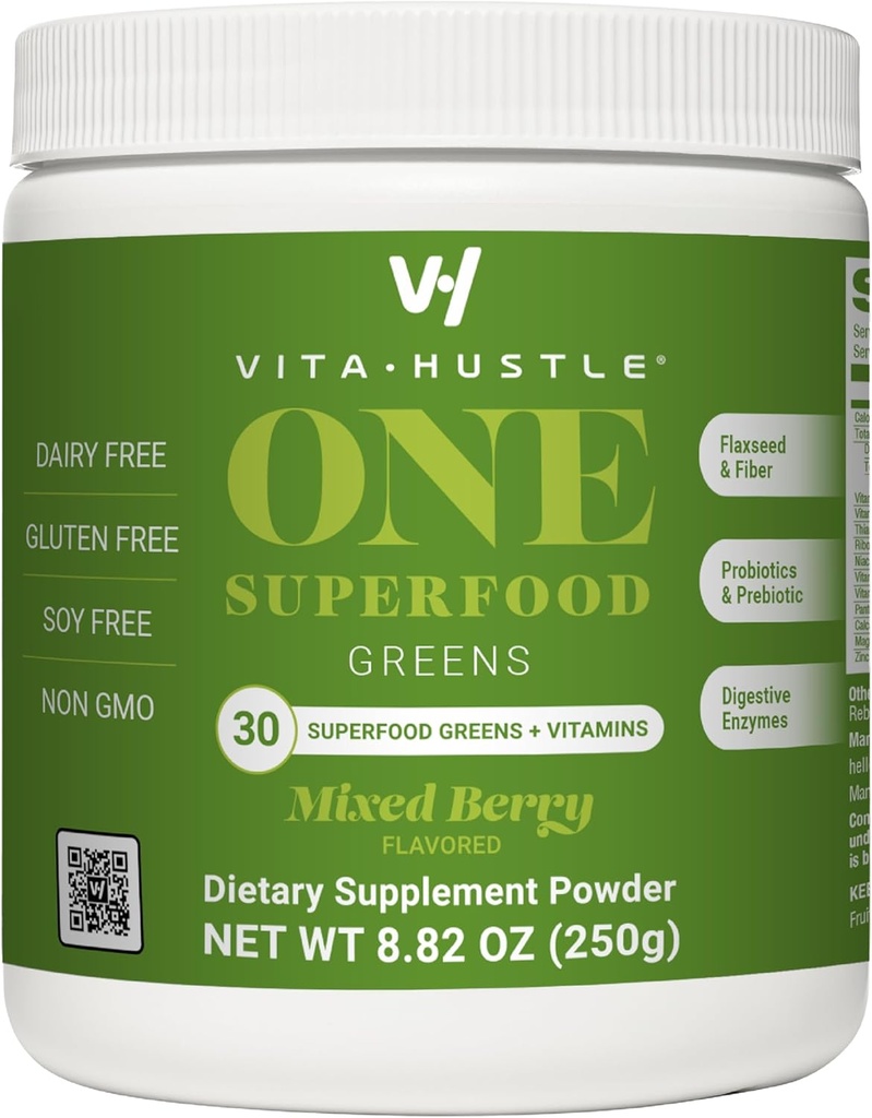 VitaHustle One Superfood Super Greens אבקת עם Prebiotics + Probiotics, Bloating, Detox, Gut Health, Spirulina, Chlorella, Enzyive Enmes (Berry Flavor, 25 משרתים)