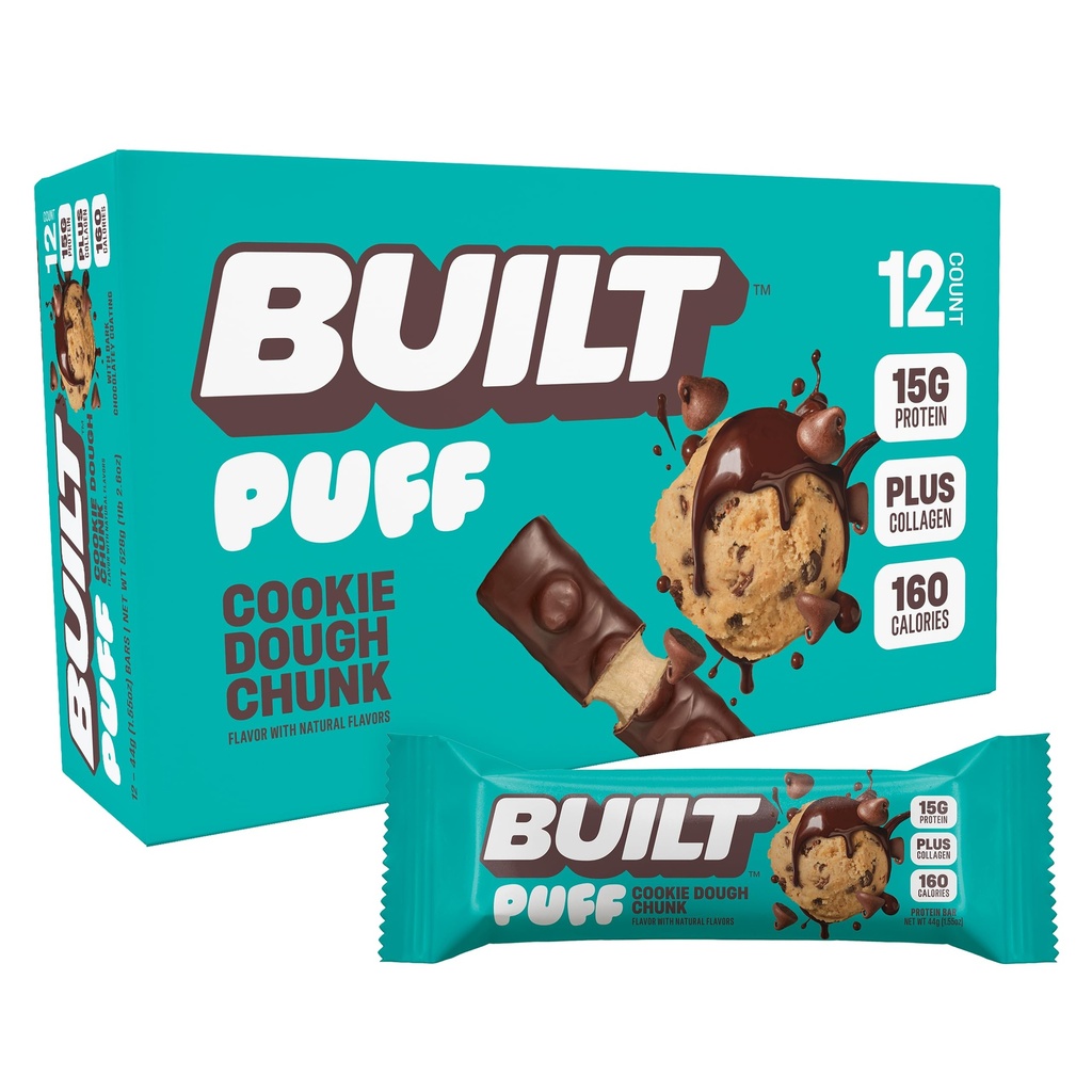 נבנה בר, Puff חלבונים Bars, Cookie Dough Chunk Puff, 15g חטיפים חלבונים, On-The-Go Bars, רק 160 קלוריות, 8g סוכר, Collagen, Not Gluten Free, 12 Count Count