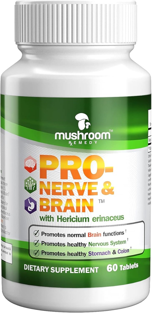 PRO-Nerve & Brain | All-Natural Herbal Supplement for Memory, Nervous System, Stomach, Colony, Digest, Digestive Tract, Clinically Stuized Lion's Mane Mushroom, טבעוני, non-GMO, USA Made, 60 טבליות