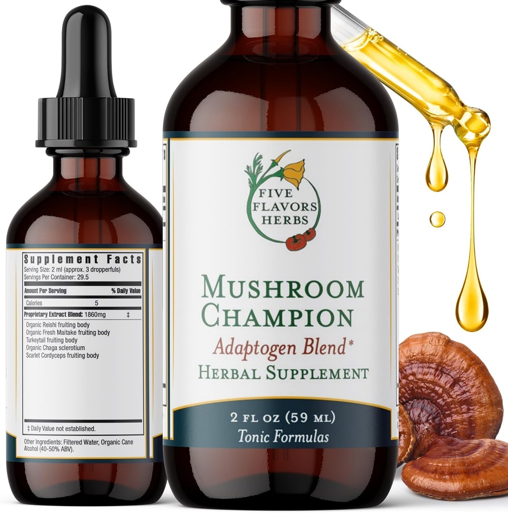 אלוף Mushroom Tincture - תמיכה מטאבולית, Immune Support, Respiratory Support, Fitogen Band, Tonic Formula, Reishi, Maitake, Herbal Supplement - 2 Fl Oz