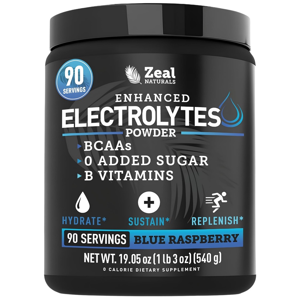 Zeal Naturals Electrolyte אבקת Recovery לשתות (90 מנות | Blue Raspberry) w 0 Sugar +BCAAs +B-Vitamins אלקטרוליטיט תוספת w Potassium Zinc & Magnesium עבור הידרה - Keto אלקטרוליטטס