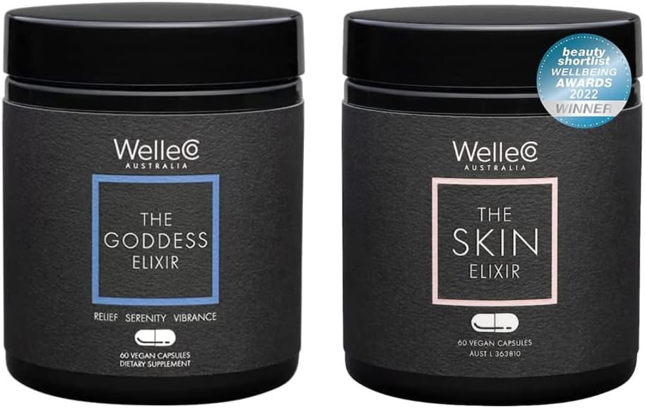 WelleCo Theאלה Elixir ו- Skin Elixir Bundle | תוסף Menopause, הורמון איזון, מסייע הזעות לילה ופלאשים חמים | תמיכה בתצורת קולג'ן לריפוי, המשרדיות והאליטות
