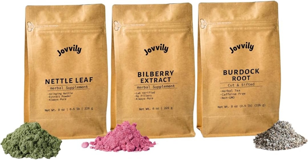Nettle Leaf אבקת, Bilberry לחלץ אבקה, & Burdock Root Bundle - 8 oz - תוספים ותה