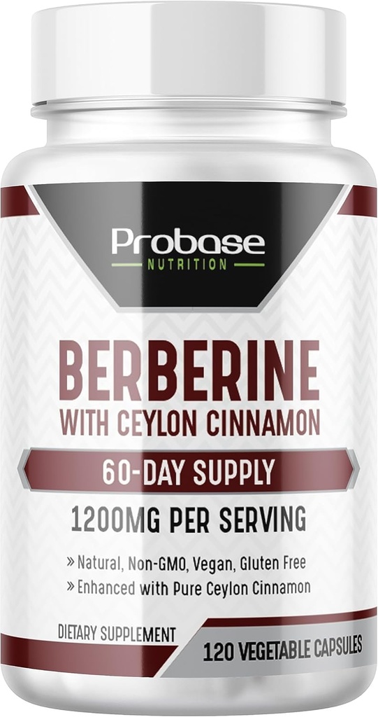 Probase Nutrition Berberine with Cinnamon Extract - Gluten Free and Vegan - 120 קפסולות - 1200 מ"ג לשרת