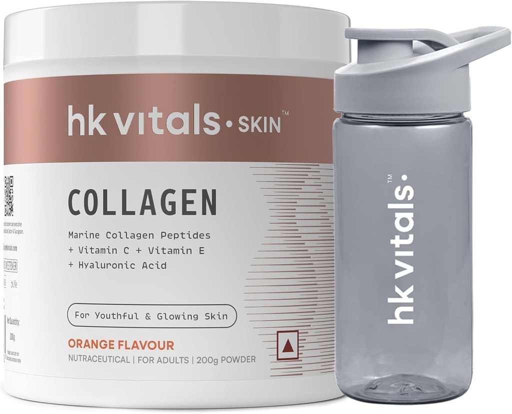 Heal;thKart hk Vitals Marine Collagen תוסף (Orange, 200g) & Sipperבק (Grey, 300 מ"ל) Combo Pack | עם ויטמין C & E | עבור עור בריא, שיער וציפורים