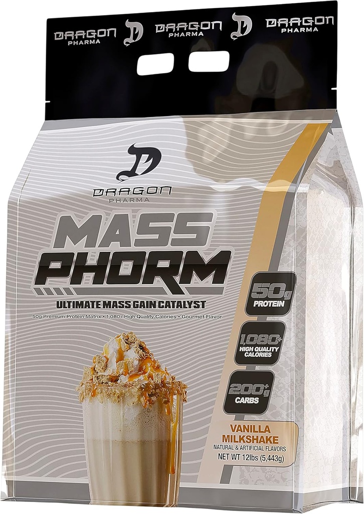 DRAGON PHARMA Mass Phorm, Ultimate Mass Gain Catalyst, 50g חלבון מטריקס, 200g של קומפלקס carbohydrates, מעל 1000 קלוריות Per המשרת (20 משרתות, Vanilla Milkshake)