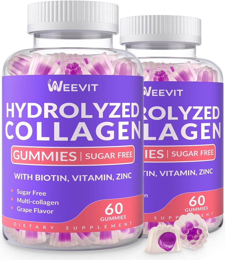 סוכר חינם hydrolyzed Collagen Gummies, Collagen Peptidemies עבור נשים, סוג חלבון משותף I,II, III, V,X עם ביוטין, ויטמין C, B12 עבור ציפורי שיער