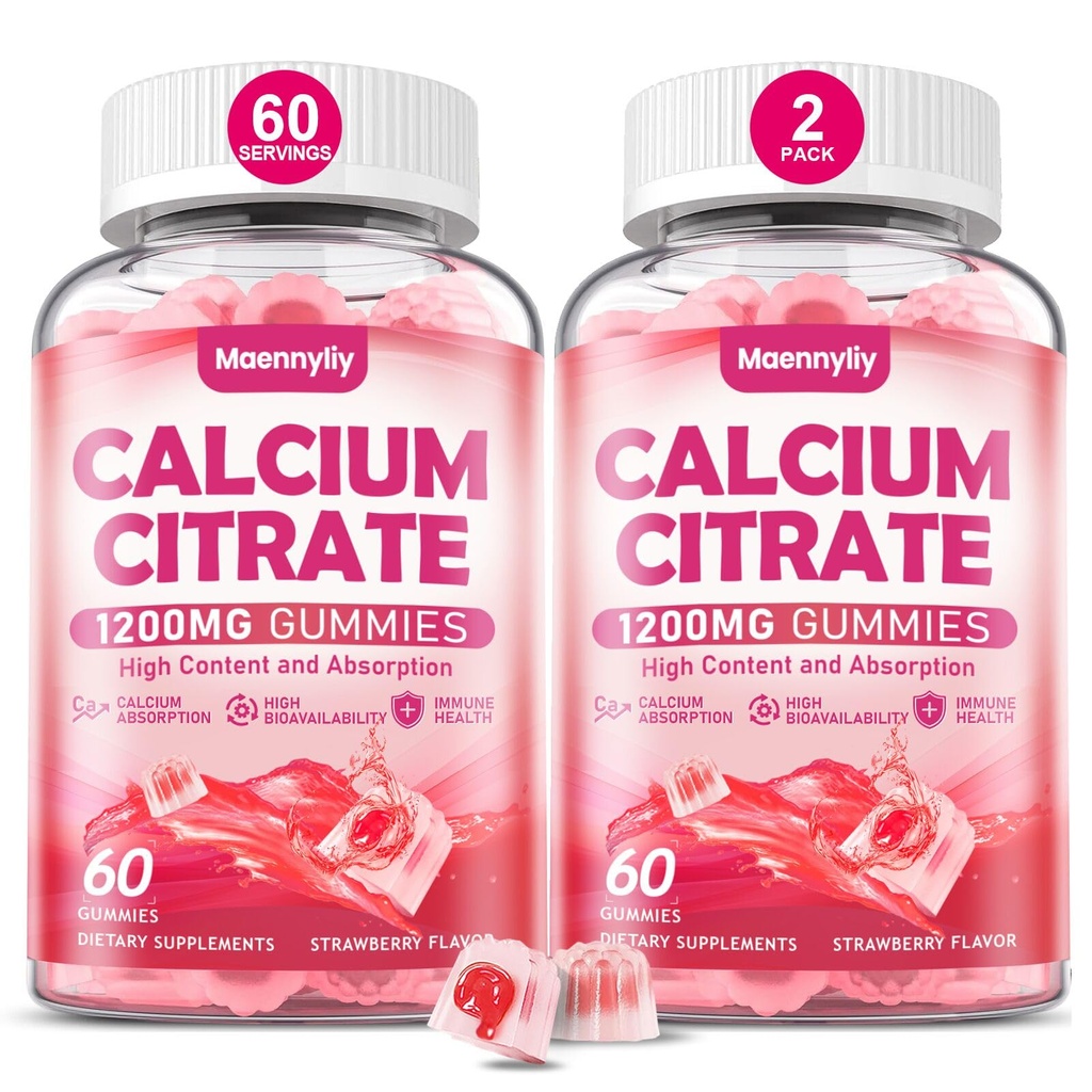 Calcium Citrate Gummies 1200 מ"ג למבוגרים: תוספת אופטימלית Calcium עבור נשים וגברים - Easy to Digest, טבעוני, non-GMO, Gluten Free - Natural Strawberry Flavoror