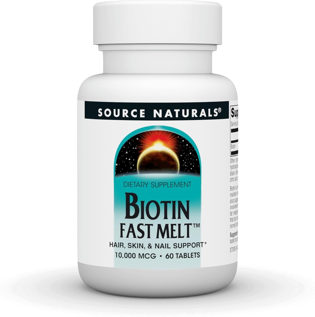 מקור Naturals Biotin Fast Melt, שיער עור ותמיכה *, 10,000 מ"ג - 60 טבליות מהר מלט
