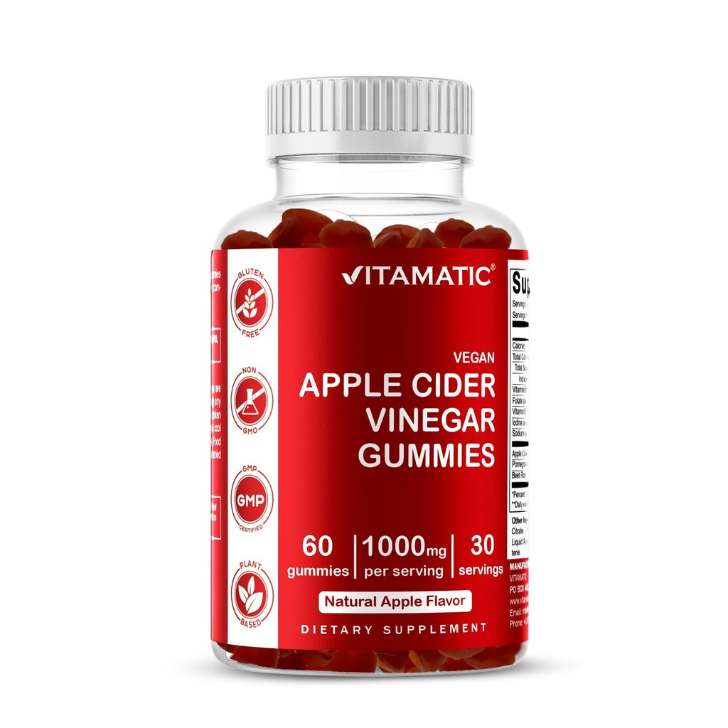 Vitamatic Apple Cider Vinegarmies - 1000 מ"ג לכל משרת - 60 מ"ג טבעונים - ACV חניכיים עבור Detox, ירידה במשקל, אנרגיה Boost, Digest & Gut Health