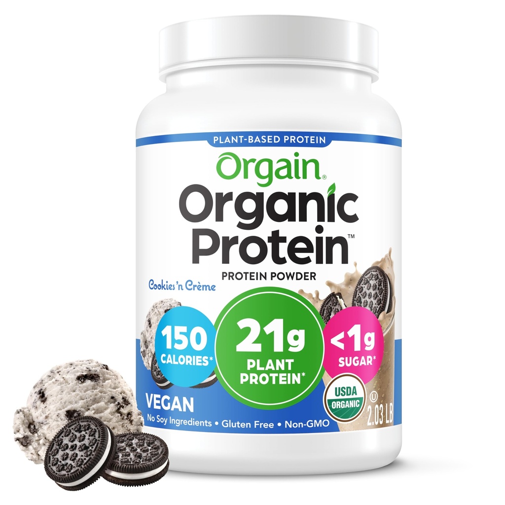 Orgain אורגני אבקת חלבון, קובצי Cookie & Cream - 21g צמחי חלבון מבוסס חלבון, 7g Prebiotic סיבים, נמוך נטו Carb, No Lactose Ingredients, no added Sugar, non-GMO, For Shakes & Smoothies, 2.03 lb Carb, No Lactose Ingredients, No added Sugar, non-GMO, For Shakes & Smoothies, 2.03 lb