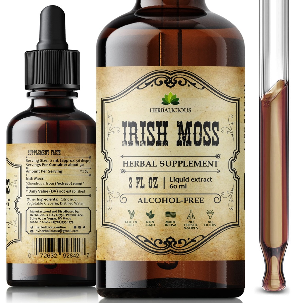 Irish Sea Mosss Raw Organic Drops - Natural Irish Sea Mosss Extract for Thyroid Support, Digestion & Energy - תוסף תזונתי נוזלי - טבעוני, Non-GMO - 2ozבק