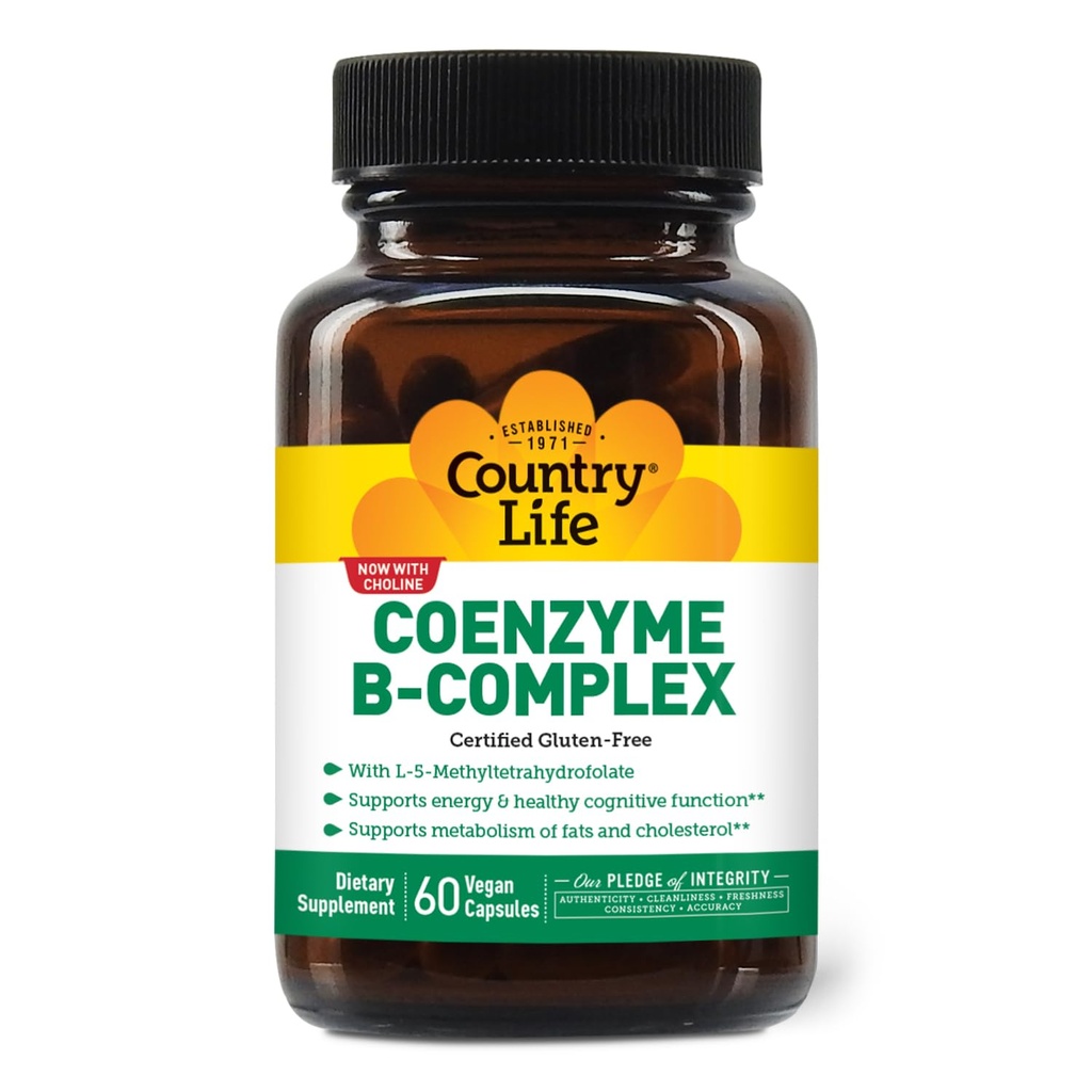 Country Life Coenzyme B-Complex, 60 קפסולות - תומך אנרגיה ומטבוליזם, Mood & Cognitive Function - טבעוני, Gluten-Free, bioavailable B ויטמינים עם כולסטרול