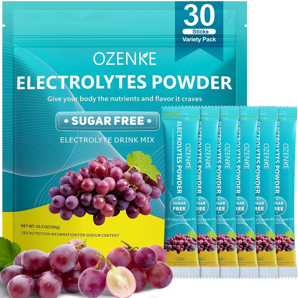 hydrotion Packets Sugar Free, Electrolyte Drink Mix Packets for Rapid Hydration, Grape Flavor, 30 Sticks